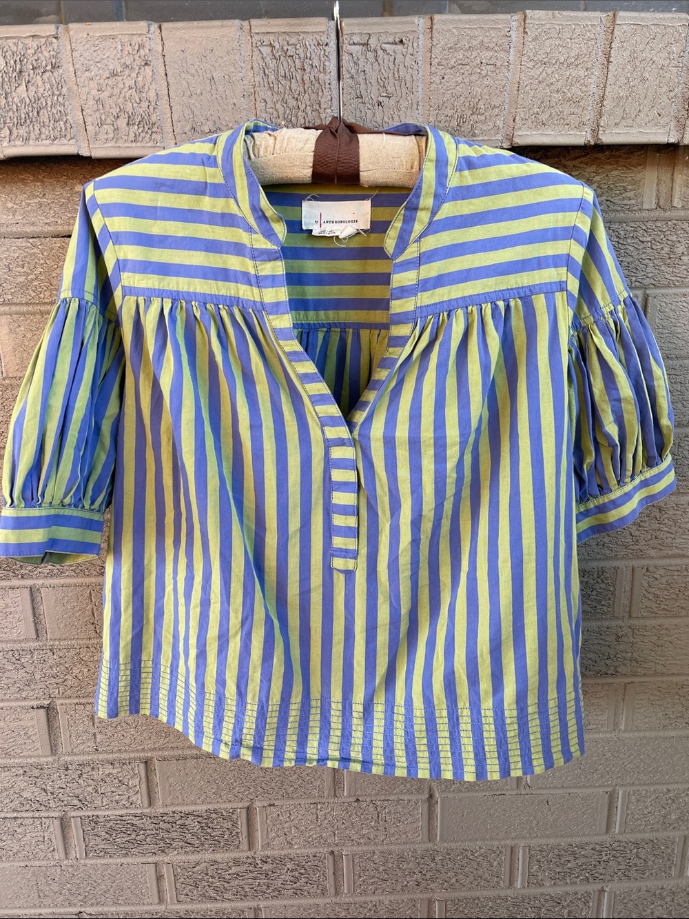Anthropologie Darcey Striped Puff Sleeve Popover Top in Green/Blue- size MP - Picture 2 of 7